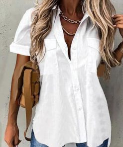 Single Breasted Short Sleeve Solid Color Shirt