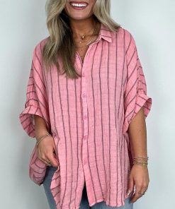 Women's Oversized Striped Button Down Top (Buy 2 Free Shipping)
