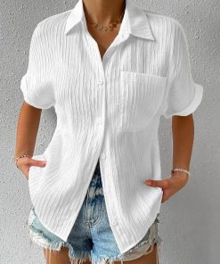Shirt Collar Casual Buttoned Loose Blouse