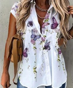 Butterfly Floral Print Short Sleeve Lapel Shirt