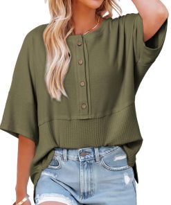 Women's 3/4 Sleeve Casual Button Down Waffle Knit Tops (Buy 2 Free Shipping)