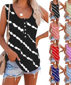 Summer Casual Stripes Buttons Sleeveless Tank Top